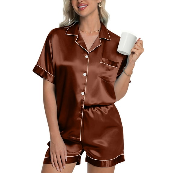 DAKIMOE Womens Silk Pajama Sets Satin Pajamas for Women Set Short Sleeve Shirt with Shorts 2 Piece Pjs Sets Soft Silky Sleepwear Nightwear Button-Down Loungewear S-XL