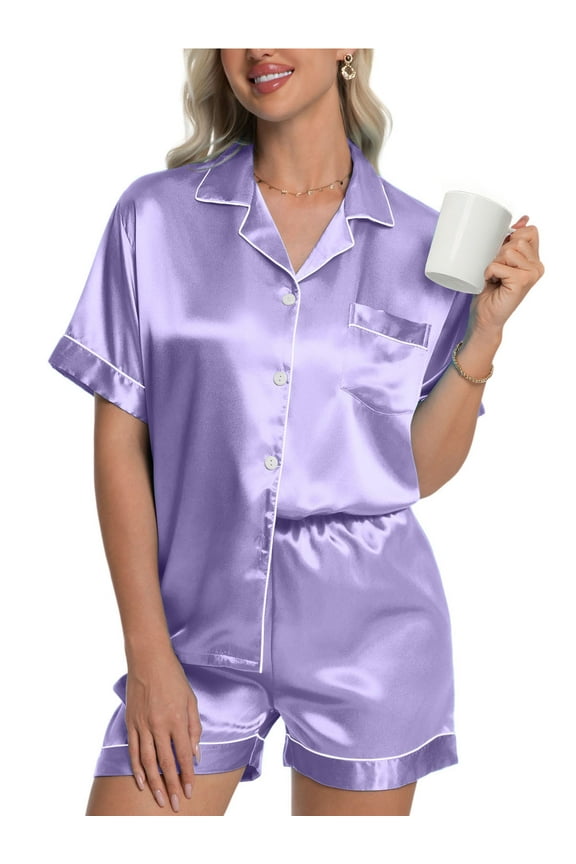 Womens Silk Pajama Sets Satin Pajamas for Women Set Short Sleeve Shirt with Shorts 2 Piece Pjs Sets Soft Silky Sleepwear Nightwear Button-Down Loungewear S-XL