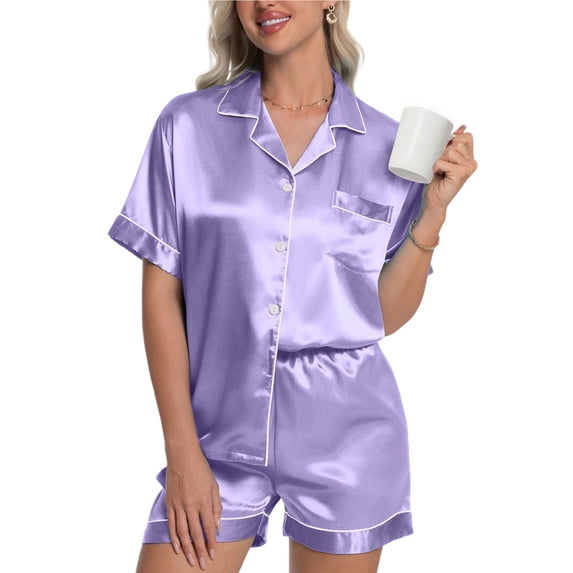 DAKIMOE Womens Silk Pajama Sets Satin Pajamas for Women Set Short Sleeve Shirt with Shorts 2 Piece Pjs Sets Soft Silky Sleepwear Nightwear Button-Down Loungewear S-XL