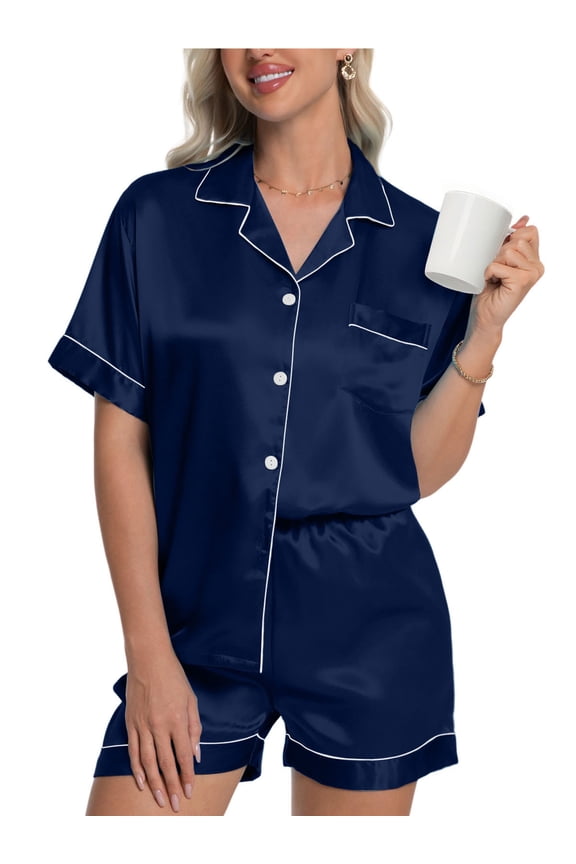 Womens Silky Satin Pajama Set Short Sleeve Shirt with Shorts 2 Piece Pjs Sets Soft Silk Sleepwear Nightwear Button-Down Loungewear S-XL