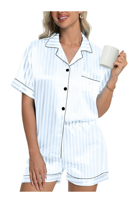 Womens Silk Pajama Sets Satin Pajamas for Women Set Short Sleeve Shirt with Shorts 2 Piece Pjs Sets Soft Silky Sleepwear Nightwear Button-Down Loungewear S-XL