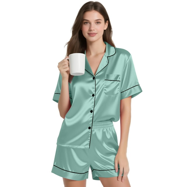 DAKIMOE Womens Silk Pajama Sets Satin Pajamas for Women Set Short Sleeve Shirt with Shorts 2 Piece Pjs Sets Soft Silky Sleepwear Nightwear Button-Down Loungewear S-XL