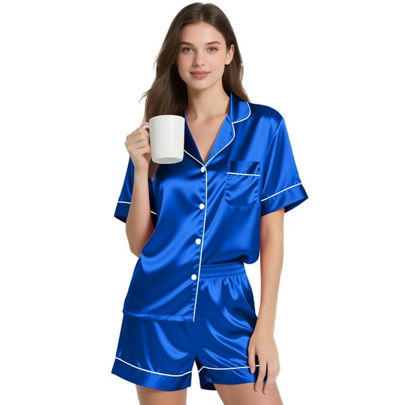 DAKIMOE Womens Silk Pajama Sets Satin Pajamas for Women Set Short Sleeve Shirt with Shorts 2 Piece Pjs Sets Soft Silky Sleepwear Nightwear Button-Down Loungewear S-XL