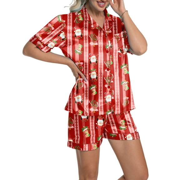 DAKIMOE Womens Silky Satin Pajama Set Short Sleeve Shirt with Shorts 2 Piece Christmas Pjs Sets Soft Silk Sleepwear Nightwear Button-Down Loungewear S-XL