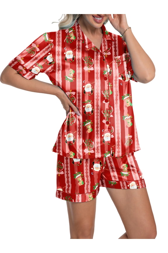 Womens Silky Satin Pajama Set Short Sleeve Shirt with Shorts 2 Piece Christmas Pjs Sets Soft Silk Sleepwear Nightwear Button-Down Loungewear S-XL