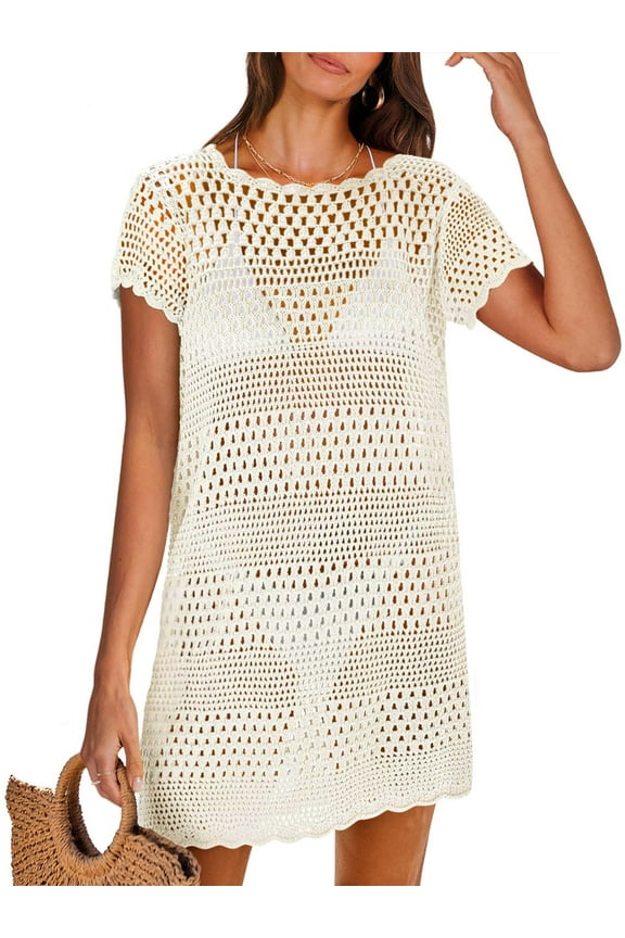 Women Swimsuit Cover Up Crochet Summer Outfits Swimwear Short Sleeve Knit Bathing Suit Cover UP Beach Dress