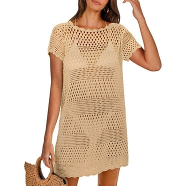 DAKIMOE Womens Swimsuit Cover Ups Summer Crochet Hollow Out Knit Bathing Suit Short Sleeve Pullover Beach Dresses, Khaki, M