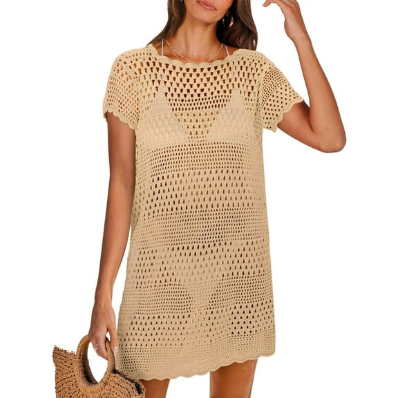 DAKIMOE Women Swimsuit Cover Up Crochet Summer Outfits Swimwear Short Sleeve Knit Bathing Suit Cover UP Beach Dress