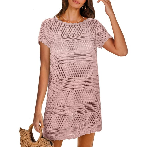 DAKIMOE Women Swimsuit Cover Up Crochet Summer Outfits Swimwear Short Sleeve Knit Bathing Suit Cover UP Beach Dress