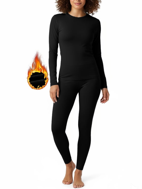 Womens Thermal Underwear Sets Long Johns with Fleece Lined for Women Long Sleeve Shirt Crewneck Base Layer Pajama Top and Leggings Set for Women Cold Weather S-XL