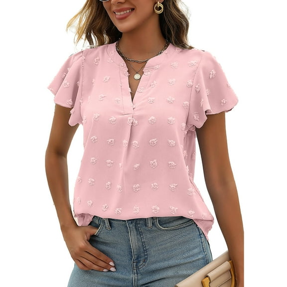 DAKIMOE Womens Tops Summer V Neck Ruffle Shirts Short Sleeve Swiss Dot Flowy Blouse Tunic Top Summer Casual Cute Ladies Blouses, Pink, S
