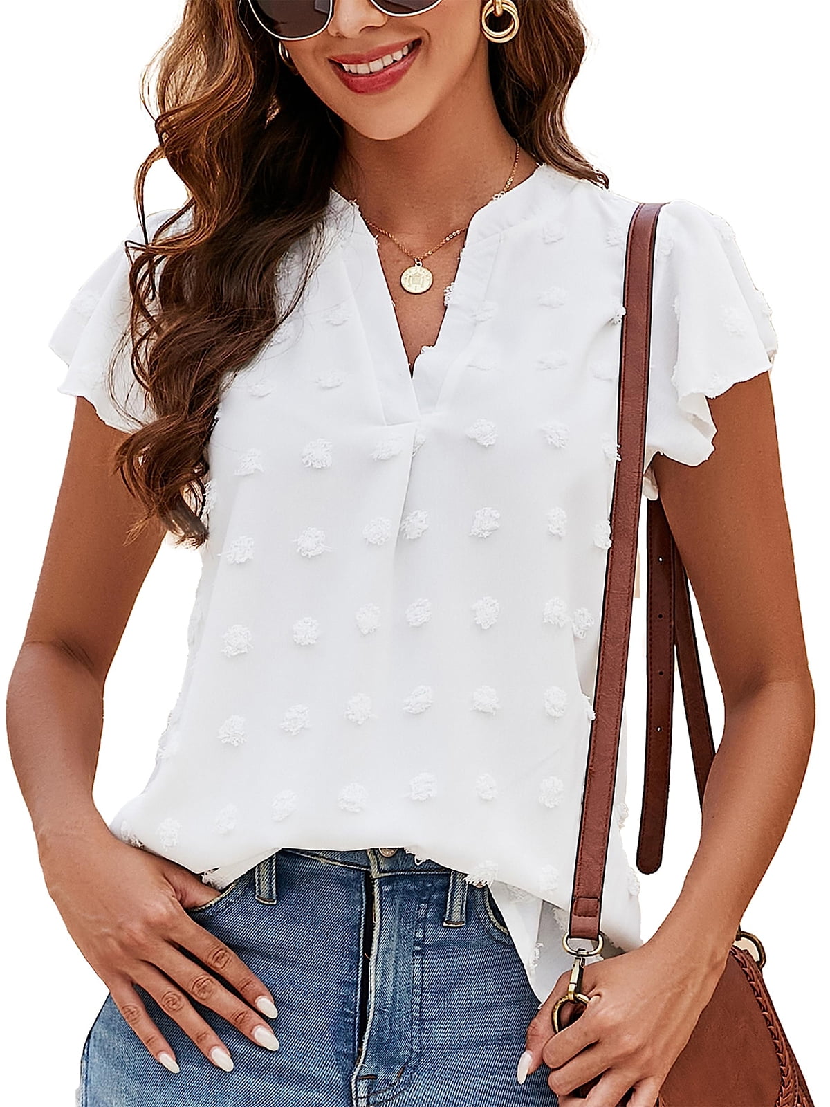 DAKIMOE Womens Tops Summer V Neck Ruffle Shirts Short Sleeve Swiss Dot Flowy Blouse Tunic Top Summer Casual Cute Ladies Blouses White M