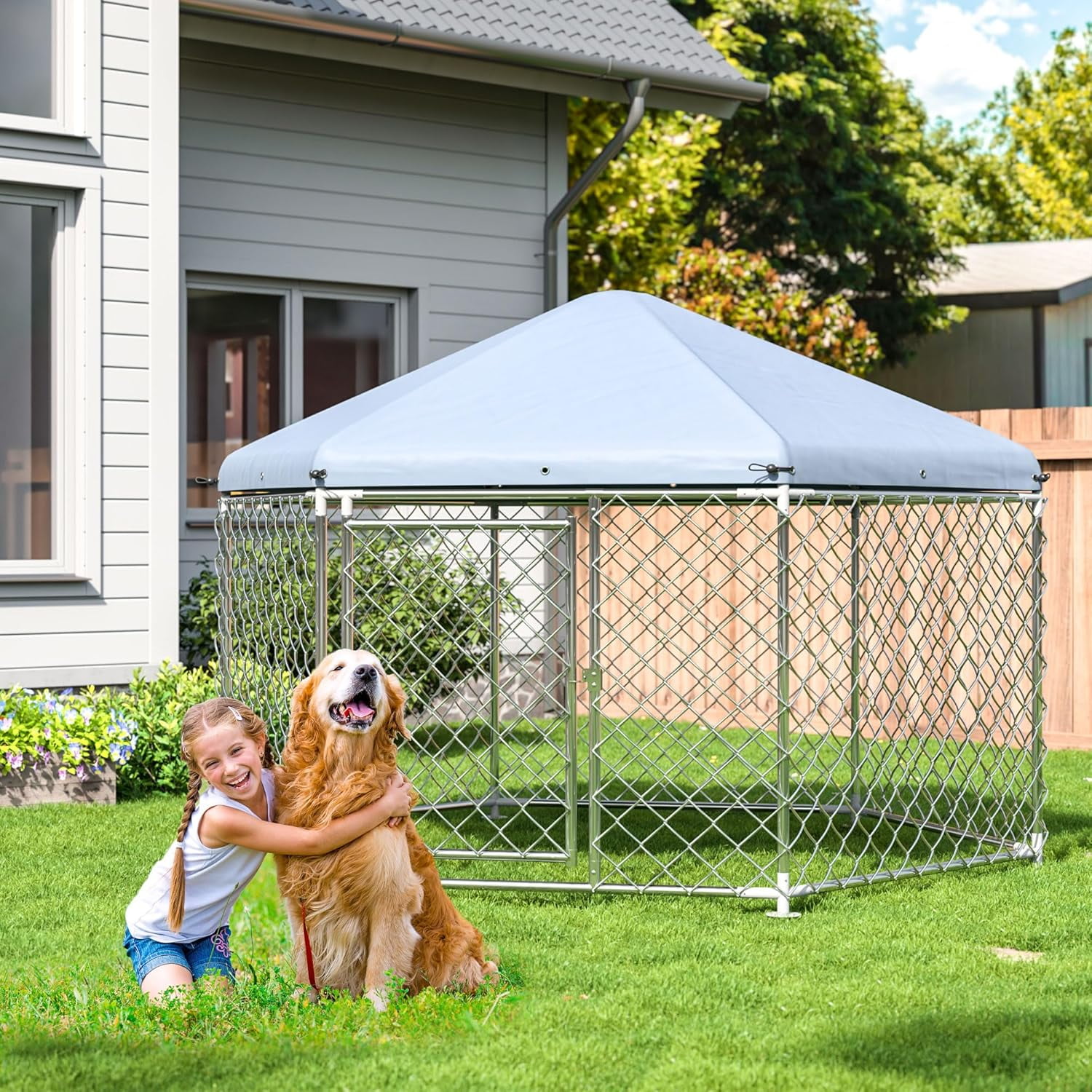 DAKITO 9.3x9.3x8.2 FT Large Dog Kennel Outside with Roof,Outdoor Dog