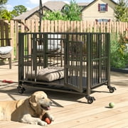 DAKITO Heavy Duty Dog Crate, Folding Dog Kennel No Assembly with Lockable Wheels, Double Door Indoor/Outdoor