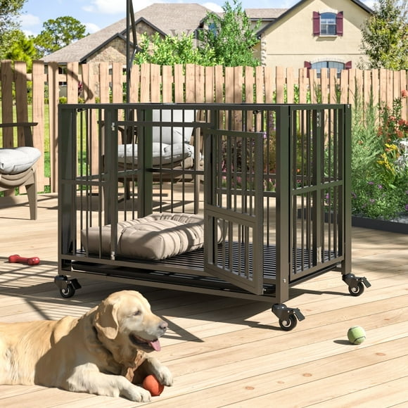 Betisef Heavy Duty Dog Crate, Folding Dog Kennel No Assembly with Lockable Wheels, Double Door Indoor/Outdoor