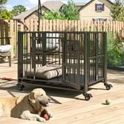 DAKITO Heavy Duty Dog Crate, Folding Dog Kennel No Assembly with Lockable Wheels, Double Door Indoor/Outdoor