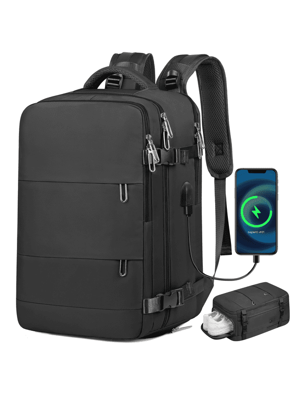 17.7" Travel Backpack with USB Port & Shoe Compartment, TSA-Approved Laptop Carry On Backpack, Waterproof Large Daypack Travel Bag for Women Men Weekender Trips, Business & Hiking, Black