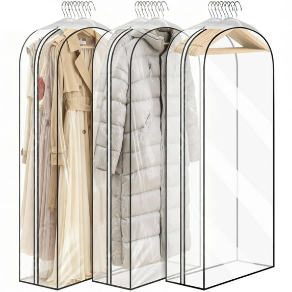 DAKOMM 60'' Extended Garment Bag for Hanging Clothes, 3 Pack 10'' Suit Bag for Storage, PEVA Waterproof & Odorless Garment Covers for Clothes, Gowns, Long Fur Coats, Dresses