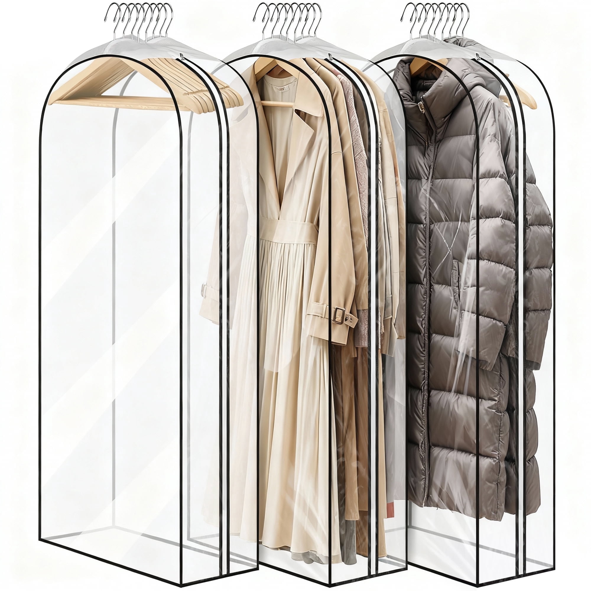 DAKOMM 60'' Hanging Garment Bag 3-Pack, 10'' PEVA Suit Bags for Closet Storage, Garment Bags for Hanging Clothes, Garment Covers with Side Zipper for Gowns & Long Fur Coats & Dresses