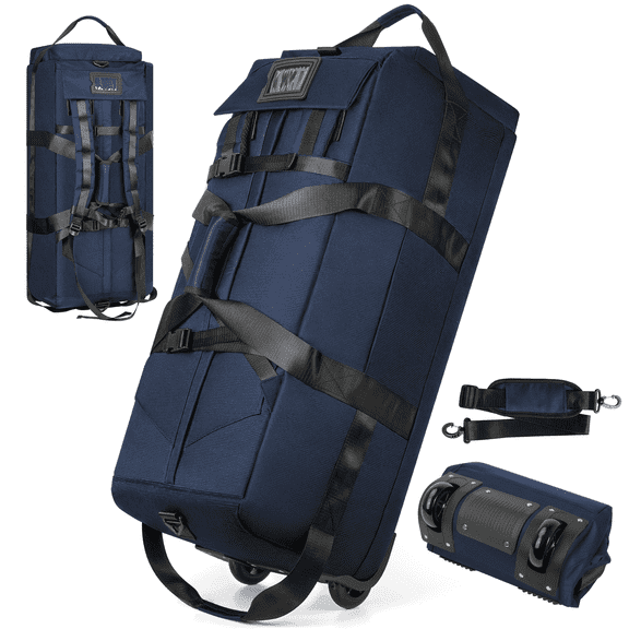 DAKOMM 90L Foldable Rolling Duffel Bag with Wheels, Extra Large 34 Inch Travel Duffel Bag with Shoulder Strap for Travel Camping Sports, Waterproof Large Gym Bag, Travel Backpack For Men Women, Blue