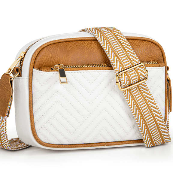 DAKOMM Crossbody Bags for Women, Quilted Crossbody Bags, Vegan Leather Purses Small Shoulder Handbags with Colorful Wide Strap, Trendy Design Shoulder Purse for Travel, Beige & Brown