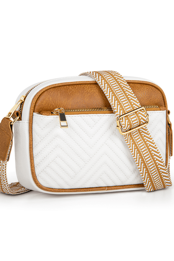 Crossbody Bags for Women, Quilted Crossbody Bags, Vegan Leather Purses Small Shoulder Handbags with Colorful Wide Strap, Trendy Design Shoulder Purse for Travel, Beige & Brown