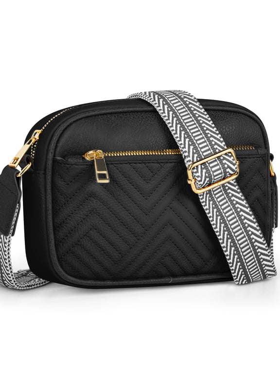 Crossbody Bags for Women, Quilted Crossbody Bags, Vegan Leather Purses Small Shoulder Handbags with Colorful Wide Strap, Trendy Design Shoulder Purse for Travel, Black