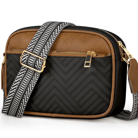 DAKOMM Crossbody Bags for Women, Quilted Crossbody Bags, Vegan Leather Purses Small Shoulder Handbags with Colorful Wide Strap, Trendy Design Shoulder Purse for Travel, Black & Brown