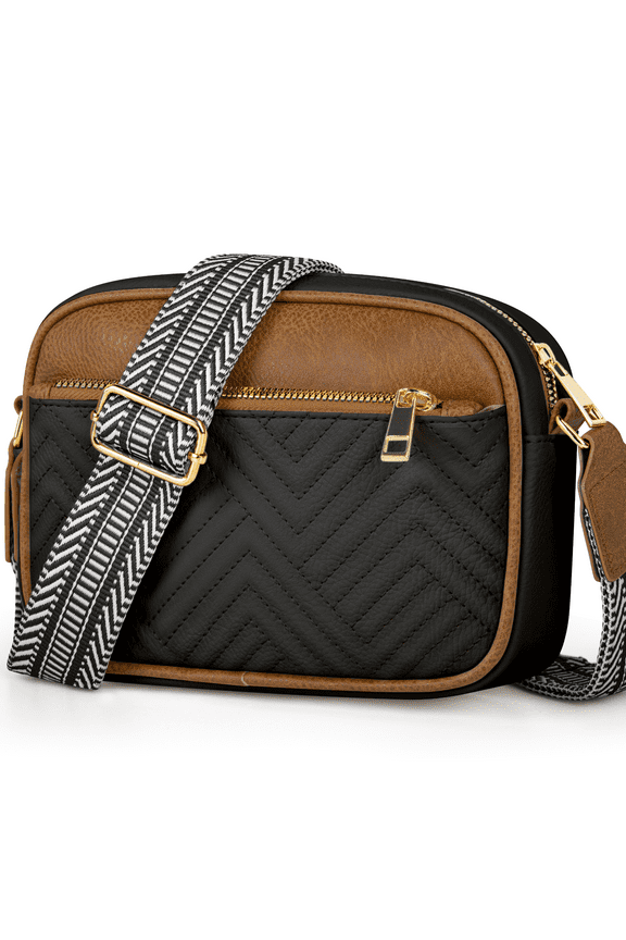 Crossbody Bags for Women, Quilted Crossbody Bags, Vegan Leather Purses Small Shoulder Handbags with Colorful Wide Strap, Trendy Design Shoulder Purse for Travel, Black & Brown