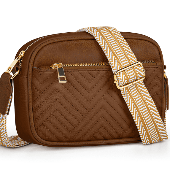 DAKOMM Crossbody Bags for Women, Quilted Crossbody Bags, Vegan Leather Purses Small Shoulder Handbags with Colorful Wide Strap, Trendy Design Shoulder Purse for Travel, Brown