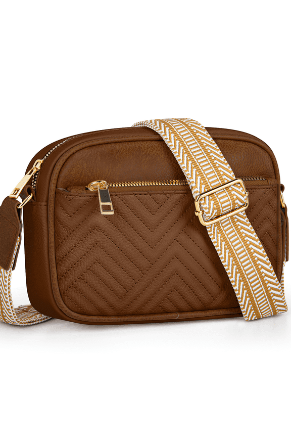 Crossbody Bags for Women, Quilted Crossbody Bags, Vegan Leather Purses Small Shoulder Handbags with Colorful Wide Strap, Trendy Design Shoulder Purse for Travel, Brown