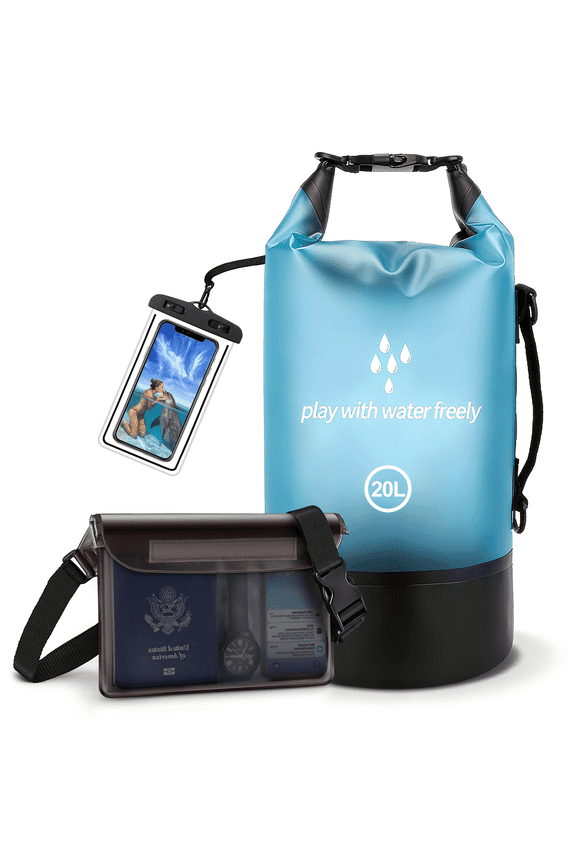 Dry Bags Waterproof, 20L Double Straps Dry Bag with Waterproof Fanny Pack and Phone Case, Dry Storage Bag Backpack W/ Roll Top Lightweight for Swimming Boating Kayaking Board Beach Accessories