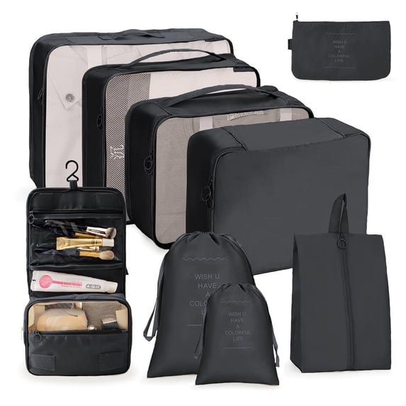 DAKOMM Packing Cubes 9 Sets, Travel Luggage Organizer Set with Hanging Toiletry Bag & Shoe Bag, Mesh Suitcase Essentials, Vacation Storage for Men Women, Black