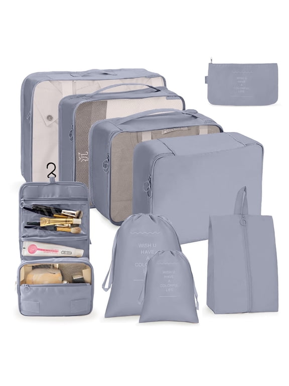 Packing Cubes 9 Sets, Travel Luggage Organizer Set with Hanging Toiletry Bag & Shoe Bag, Mesh Suitcase Essentials, Vacation Storage for Men Women, Gray