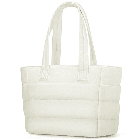 Puffer Tote Bag for Women, Large Capacity Tote Bag with Compartments & Multi-Pockets, Lightweight Quilted Shoulder Bag with Zipper Closure for Travel, Work, Gym, Shop(White)