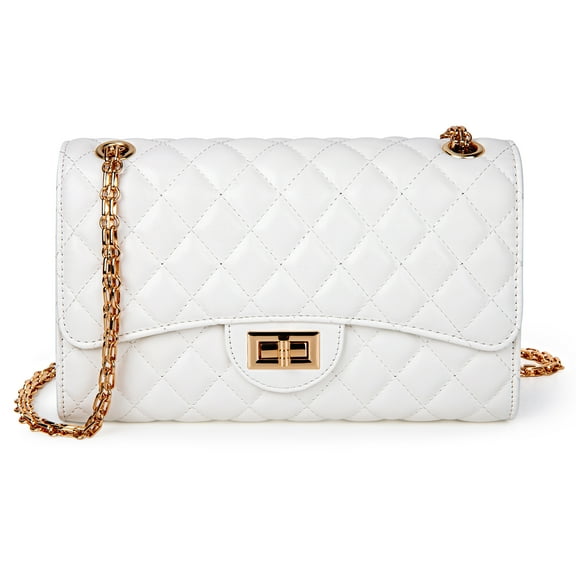 DAKOMM Quilted Leather Crossbody Purse for Women, Shoulder Bag with Adjustable Chain Strap, Soft PU Leather Purses and Handbags with Large Capacity, Trendy Crossbody Shoulder Bag, White