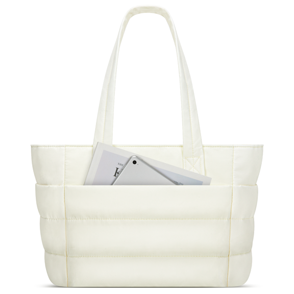 DAKOMM Tote Bag for Women, Lightweight Puffy Tote Bag with Large Capacity, Quilted Shoulder Bag with Laptop Compartments & Multi-Pockets for Travel, Work, Gym, Shop(White)