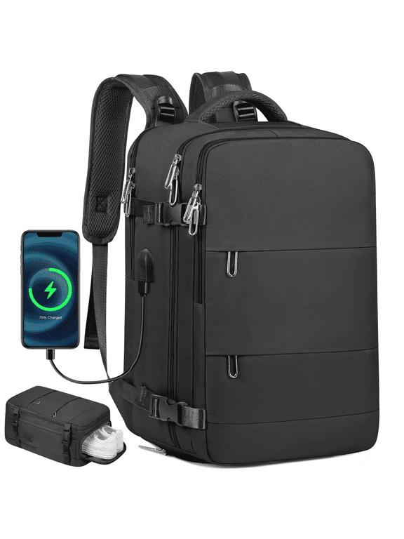 Travel Backpack for Women Men, Carry On Backpack with USB Charging Port & Shoe Pouch, TSA 17.7 inch Laptop Backpack Flight Approved, Nurse Bag Daypack for Weekender Business Hiking, Black