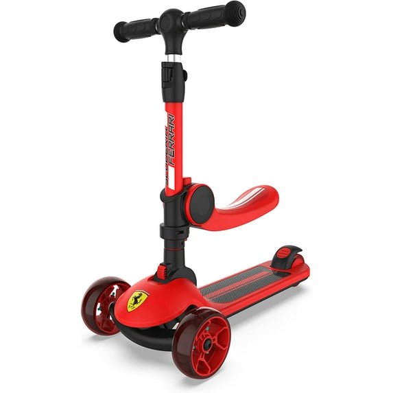 DAKOTT Ferrari 2-in-1 Kids Kick Scooter, Anti Skid 3 Wheel Light Up Push Scooter with Height Adjustable Removable Seat and Shock Absorbing Thick Wide Kickboard for Boys Girls 3-12yrs