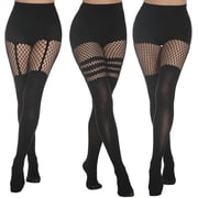 DALAETUS 3 Pcs Womens Fishnet Tights Set, Suspender Opaque Fishnet Stockings, Thigh High Pantyhose Gifts For Ladies Fashionable PatternBlack