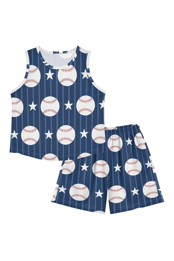 DALAWU Baseball Star Stripe For Ultra-Soft Pajama Breathable Sleeveless Loungewear Set Elastic Waist for All-Day Comfort
