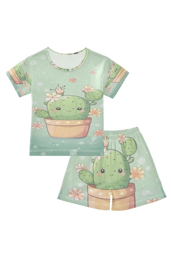 Blooming Pastel Cactus Cotton Short Sleeve Pajama Set Breathable