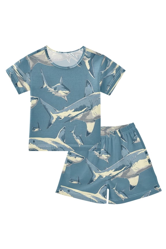 Blue Background Sharks Pattern Cotton Short Sleeve Pajama Set Breathable