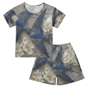 DALAWU Blue Wings & Roses Cotton Short Sleeve Pajama Set Breathable