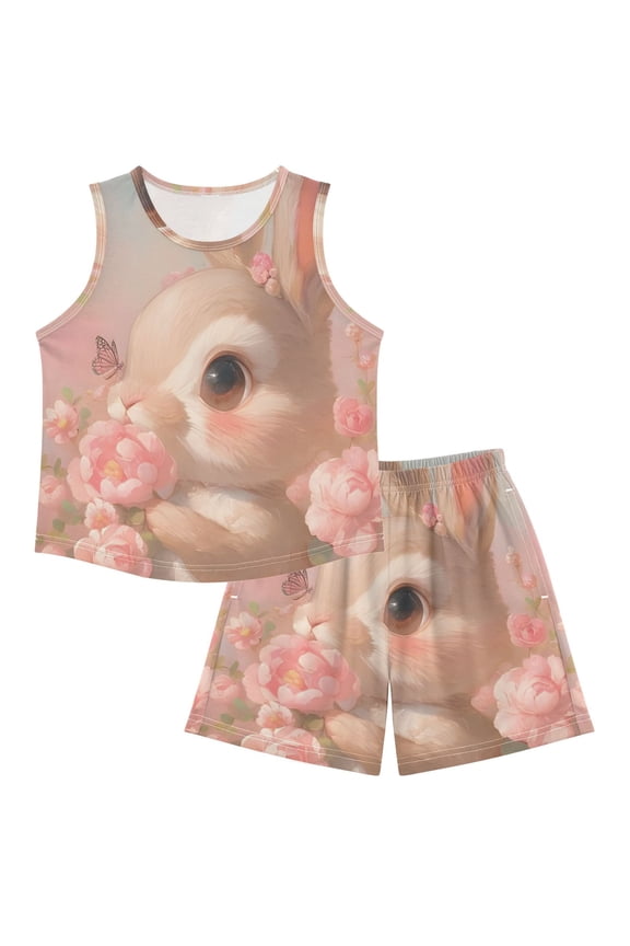 DALAWU Blush Bloom Bunny For Ultra-Soft Pajama Breathable Sleeveless Loungewear Set Elastic Waist for All-Day Comfort