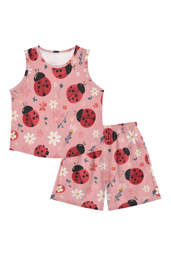 DALAWU Bold Pink Ladybug For Ultra-Soft Pajama Breathable Sleeveless Loungewear Set Elastic Waist for All-Day Comfort