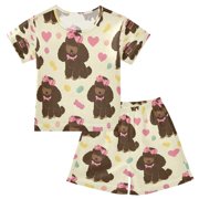 DALAWU Bowed Poodles Cotton Short Sleeve Pajama Set Breathable