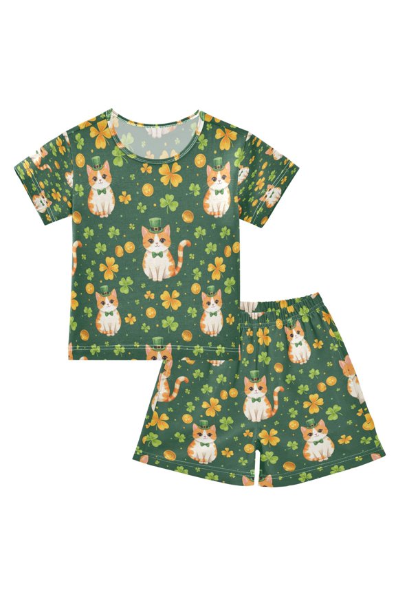 Cat and Clover Pattern Cotton Short Sleeve Pajama Set Breathable