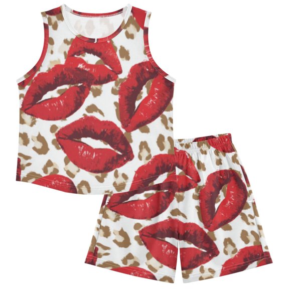 DALAWU Cream & Ruby Lips For Ultra-Soft Pajama Breathable Sleeveless Loungewear Set Elastic Waist for All-Day Comfort
