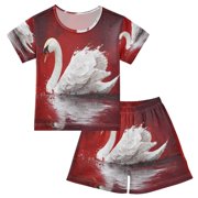DALAWU Crimson Waters Swan Cotton Short Sleeve Pajama Set Breathable